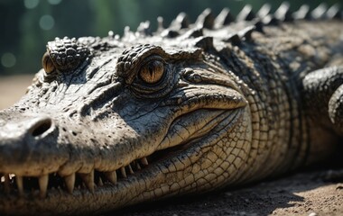 Fototapeta premium a close up of a crocodile laying on the ground with its mouth open