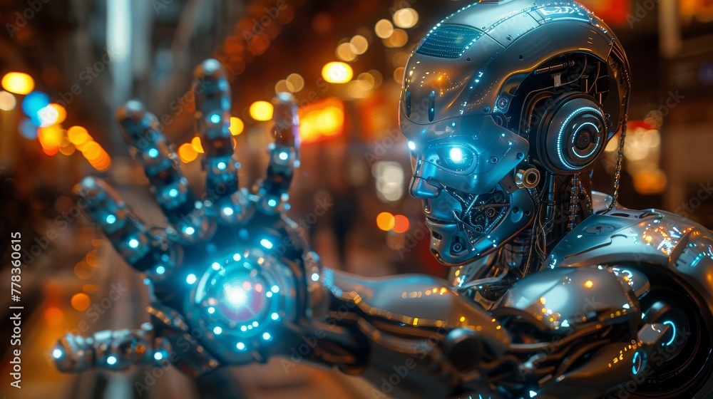 Fototapete with the aid of ai, robot holds in hand a core of electronic brain. the robot's face is opened to in