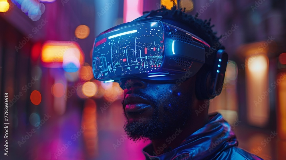 Poster virtual reality 3d futuristic headset with man wearing cyberpunk style suit in a metaverse simulatio