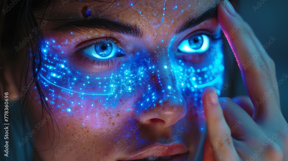 Poster In this image, there is an anthropomorphic artificial intelligence illusion of an experienced robot woman working on a 3D holographic interface. There is a beautiful face on the robot woman and a