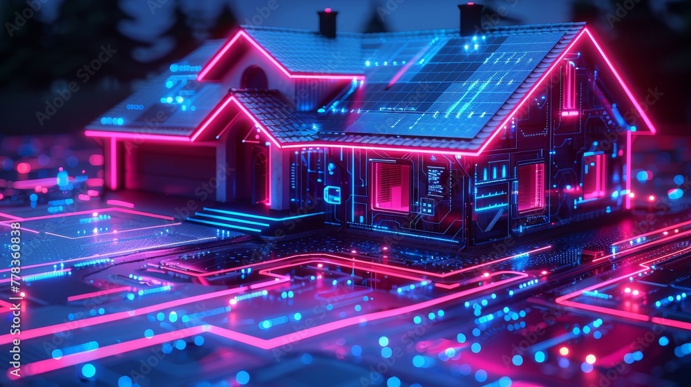 Aufkleber An IOT and cloud computing technology concept banner depicting a connected smart home system. A digital control system of a smart house consists of digits, and is connected with domestic devices