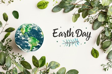 Earth Day concept: a white backdrop with an illustration of the green planet Earth. Generative Ai