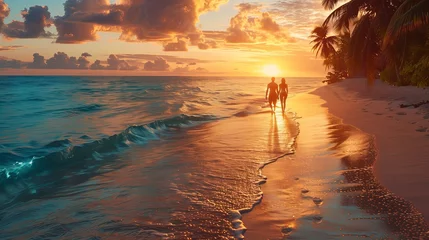 Fotobehang Summer romance at sunset beach. Happy couple, silhouette against the beautiful sky © valiantsin