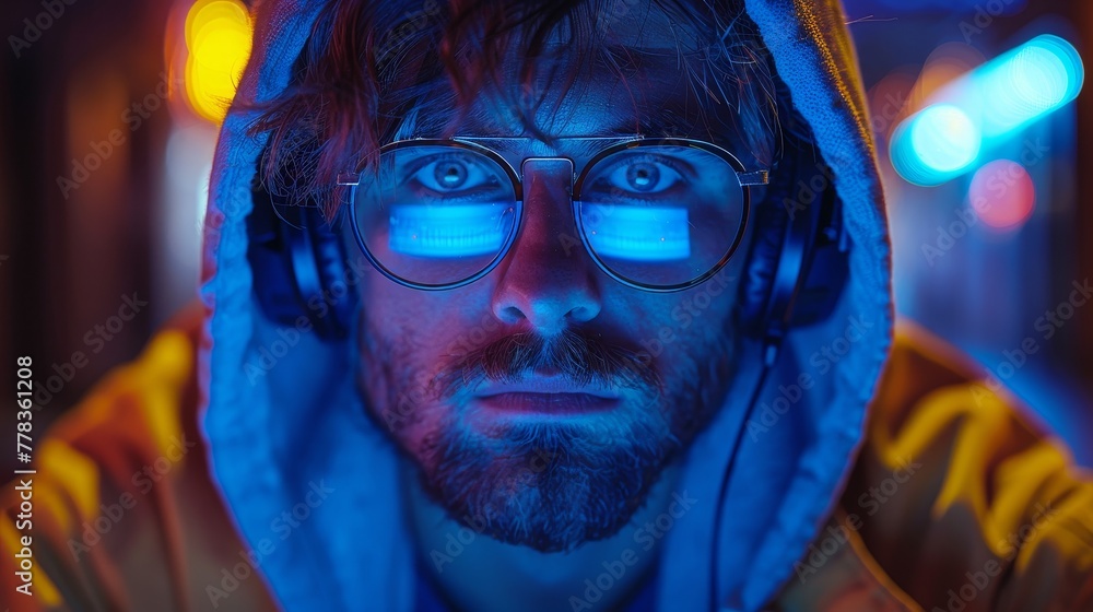 Poster computer hacker or computer video games gamer with headset and glasses sitting at laptop in darkened