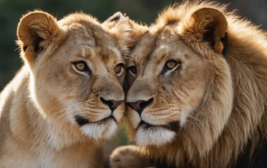 Fototapeta premium Two big cats with whiskers standing next to each other, gazing intently