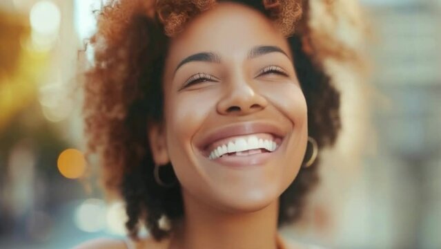 A woman with curly hair is smiling 4K motion
