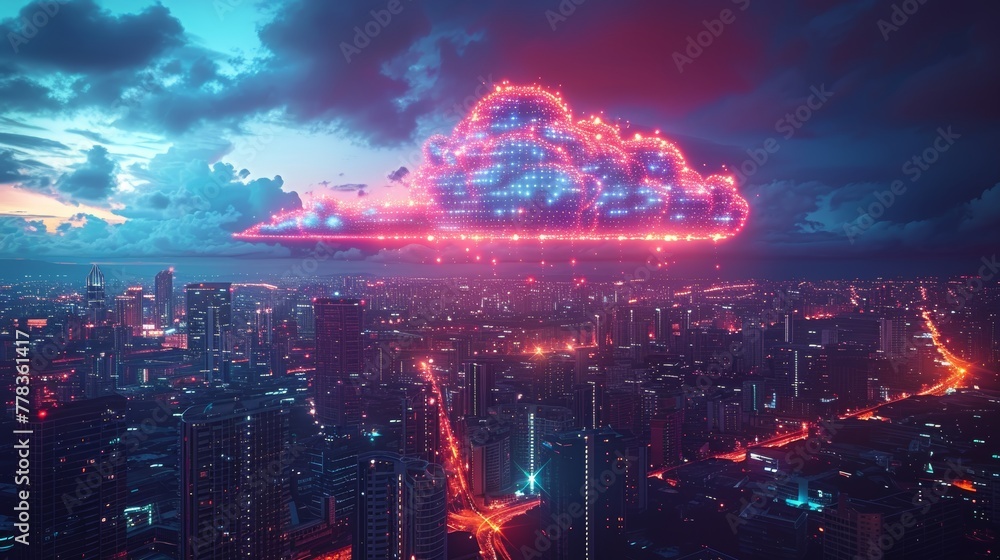 Poster An image skyscraper shows a database. A digital hardware and electronics technology conceptual banner shows cloud internet storage. An image skyscraper shows a database in the form of a skyscraper.