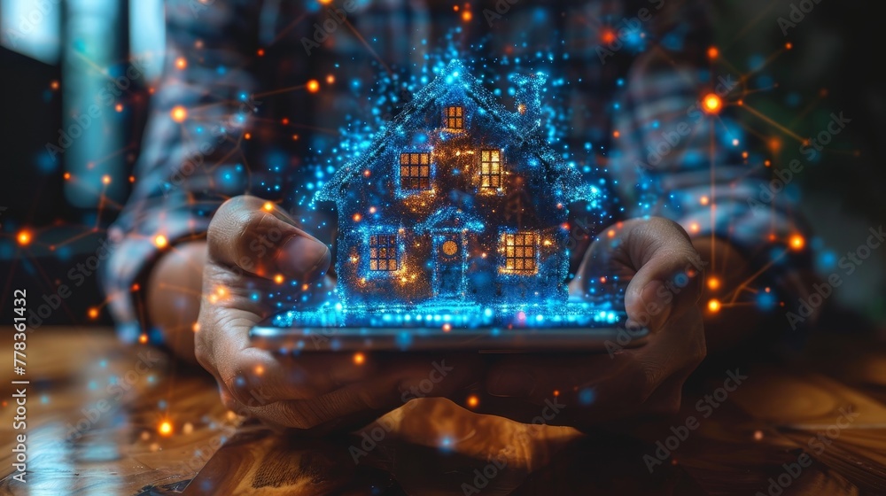 Poster Concept of the Internet of Things. Man holding smartphone in hand, controlling smart home via internet. Home devices icons on smartphone screen. He is using IOT to control smart home using the phone.