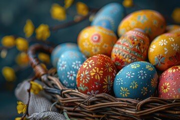 Fototapeta na wymiar Easter eggs painted in vibrant colors on a basket. Generative Ai