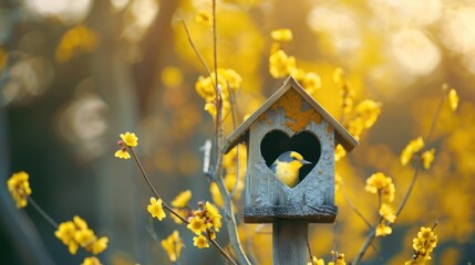 Yellow bird house with heart shaped entrance with blurred background of flowers and plants with copy space