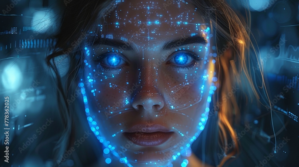 Leinwandbilder Using artificial intelligence in online chat, a chat bot converses with users through their phone apps. A woman's face appears on her avatar or userpic in the chat room. Technology for online