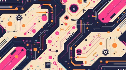 Description: A colorful, retro-style depiction of a futuristic circuit board with a modern twist..