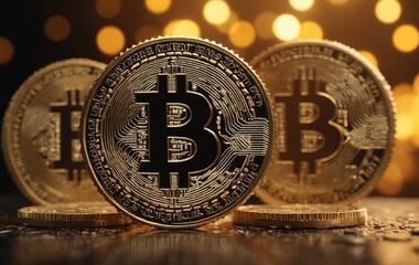 Three bitcoin coins stacked on table, closeup view