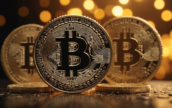 Three bitcoin coins stacked on table, closeup view