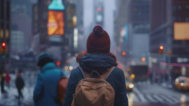 A woman wearing a brown hat and a blue jacket is walking down a city street 4K motion