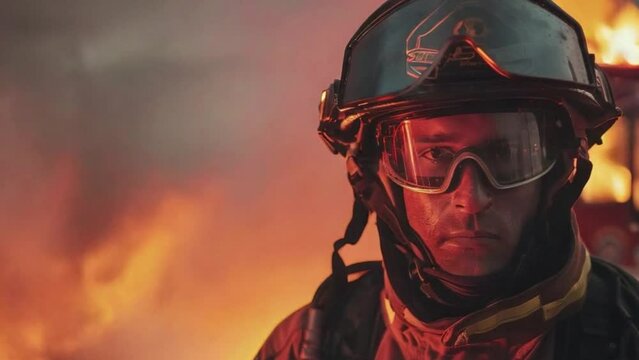 A firefighter is standing in front of a burning building 4K motion