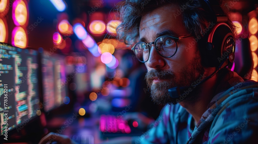 Aufkleber An amateur programmer or coder works over a laptop in a dark room with neon lights. A guy with a headset and glasses looks at the code on the screen. A hacker.