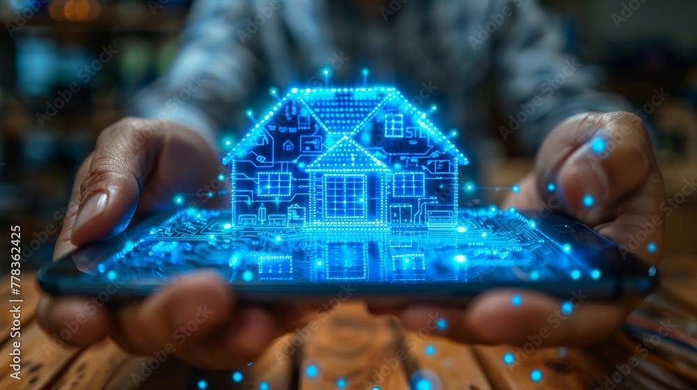 Poster IOT concept. Man holds smartphone in hand, controlling smart home via internet. Icons of domestic devices on screen. IOT system of smart home on phone.