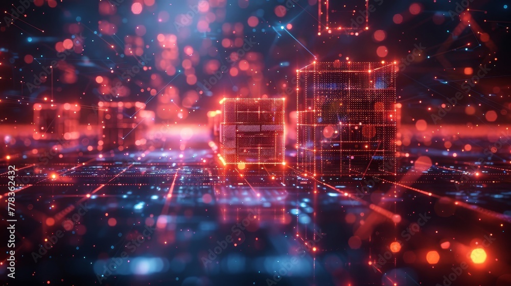 Poster The background of the business tech dark background is adorned with neon lines, a circle chart, and a cube over a glass table. New Fintech Concept of Analysis Datum. Abstract background of digital