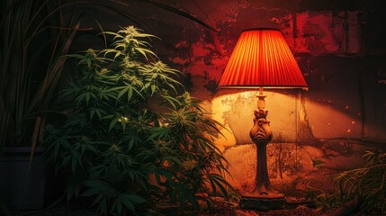 The art of growing mature cannabis bushes in the basement, enhanced by red electric lighting