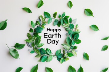 Handwritten "Happy Earth Day" logo with leaves on a white backdrop. Generative Ai