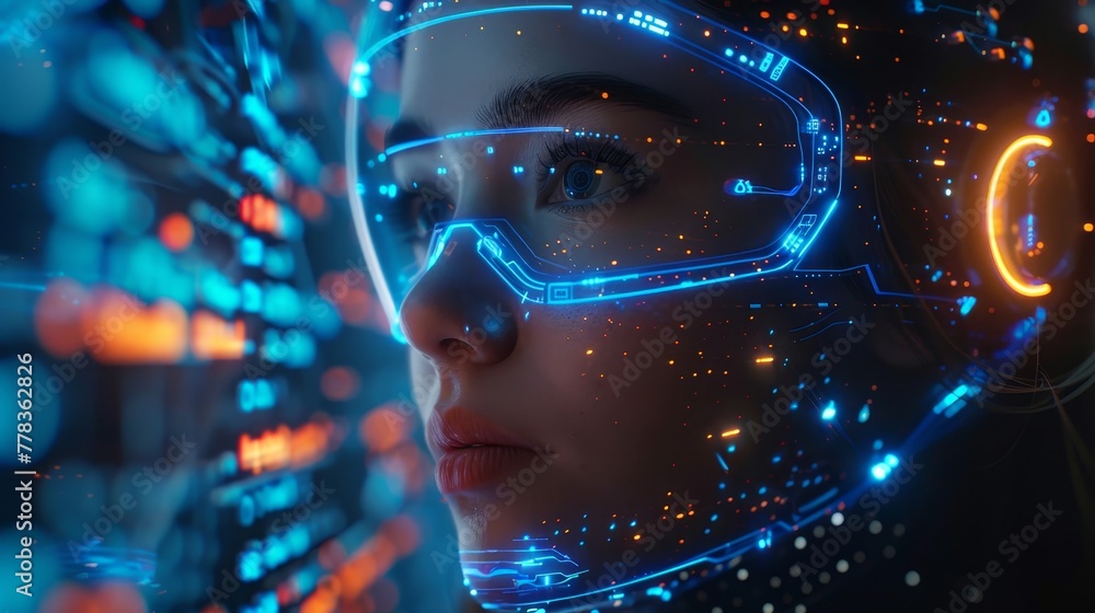 Poster an image of a beautiful robot woman with artificial intelligence floating in zero gravity among data