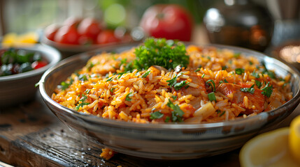 Nigerian Jollof Rice on Decorated Table for HD Wallpaper