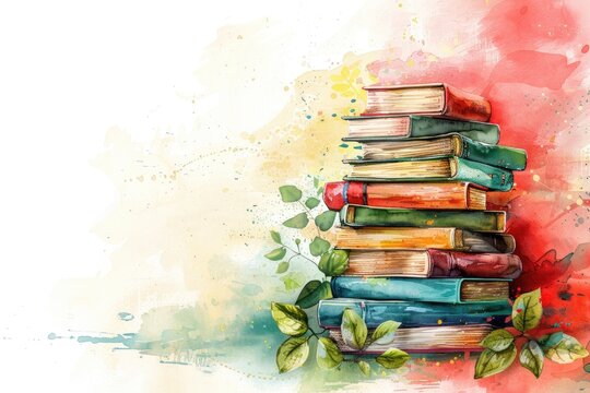 Idea of World Book Day. Illustration in watercolor featuring a stack of books. Generative Ai