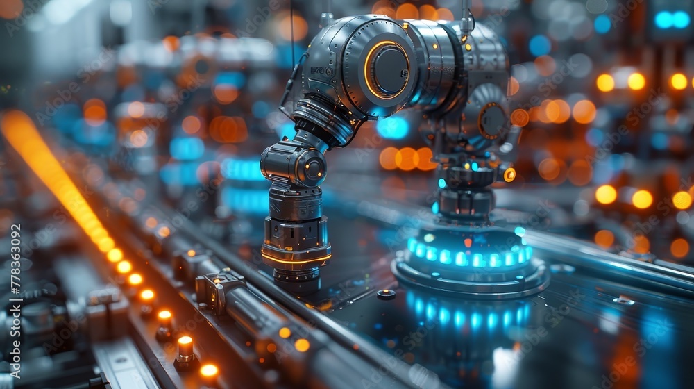 Poster Cyborg robot on a factory floor with machine learning controlling industrial robotic arms. Industry 4.0 concept. Robots control industrial robotic arms. Modern technology.