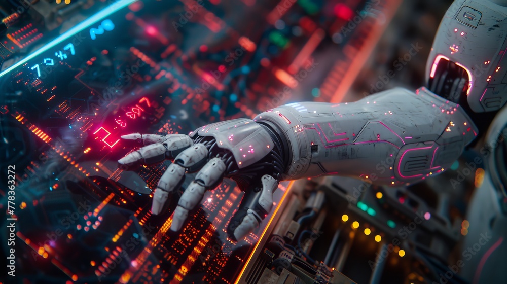 Poster AI trader using hand robot to point at candlestick graph on screen phone. Artificial neural network applied to an online trading application...