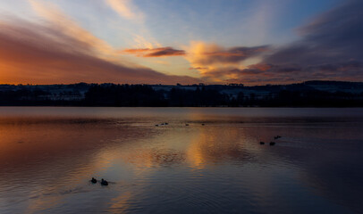 Morning Sunrise with clouds, Castle Semple Loch, Lochwinnoch, Renfrewshire, Scotland, UK