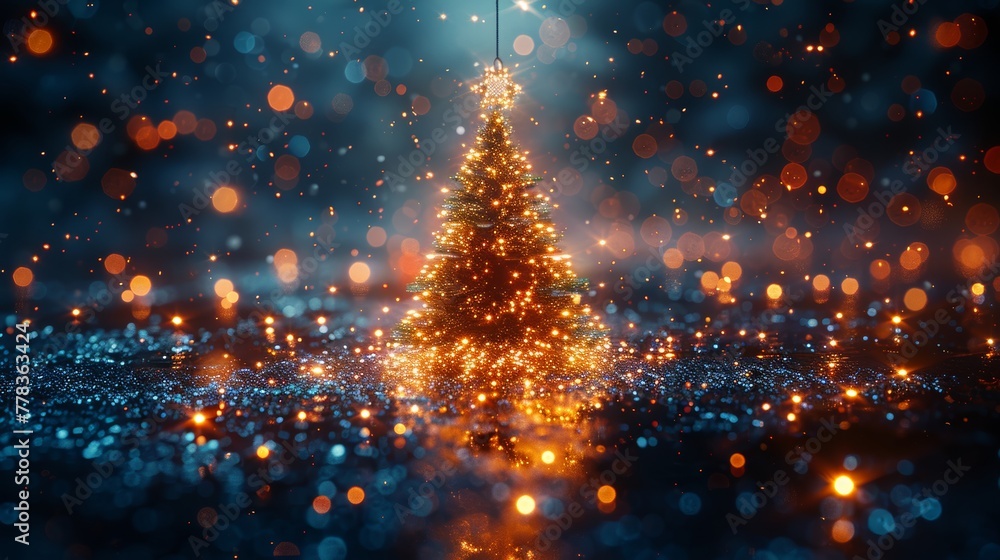 Aufkleber on a blue background, the 2024 digits are composed of glowing pixels. this is a new year card or dig