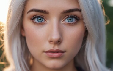 A closeup of a womans face showing gray hair, blue eyes, and long black hair
