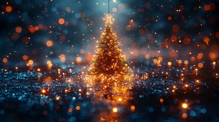 On a blue background, the 2024 digits are composed of glowing pixels. This is a new year card or digital tech calendar poster depicting the logo of the 2024 year hanging over a polished reflection.