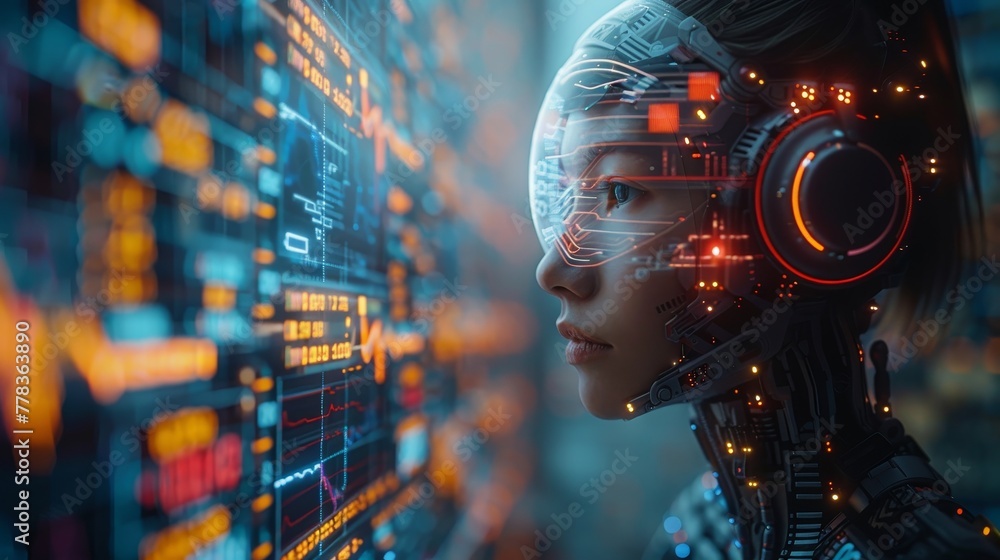 Poster Trading robot. AI for automated trading on the stock exchange. Artificial intelligence developing trading strategies for stock exchange. Artificial neural network analyzing financial charts.