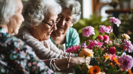 Seniors Enjoying a Creative Flower Arranging Class. A group of seniors delight in the art of flower arranging, sharing smiles and floral beauty in a communal learning experience.