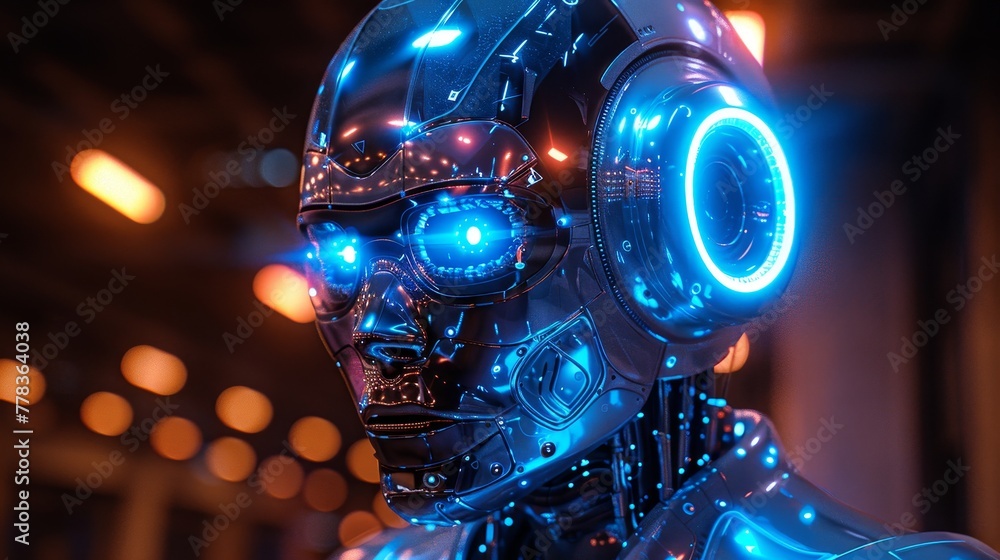 Poster Artificial intelligence warfare with humans. Robots or cyborgs capture Earth. Sci-fi conceptual illustration of technological apocalypse. Dangerous artificial intelligence.