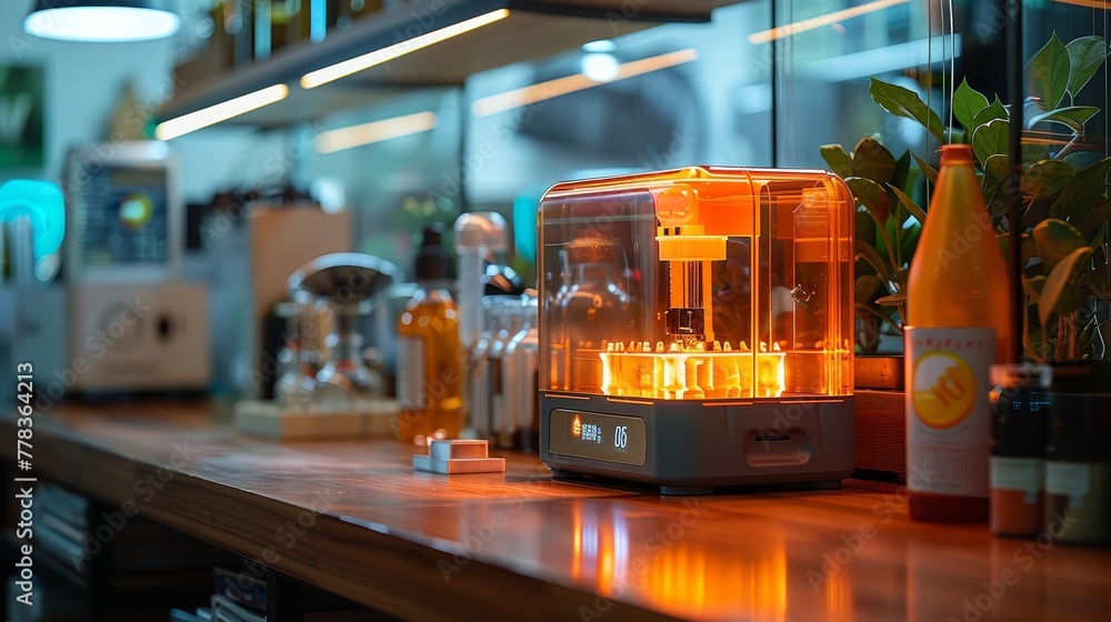 Aufkleber an engineer's desktop with a 3d printer. a 3d printer with an orange glass cover prints a plastic 3d