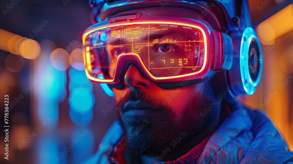 Poster Developer coding computer code in VR headset. Developer of computer code. Code in programming environment. Futuristic concepts of computer technology. Man wearing glasses and headset.