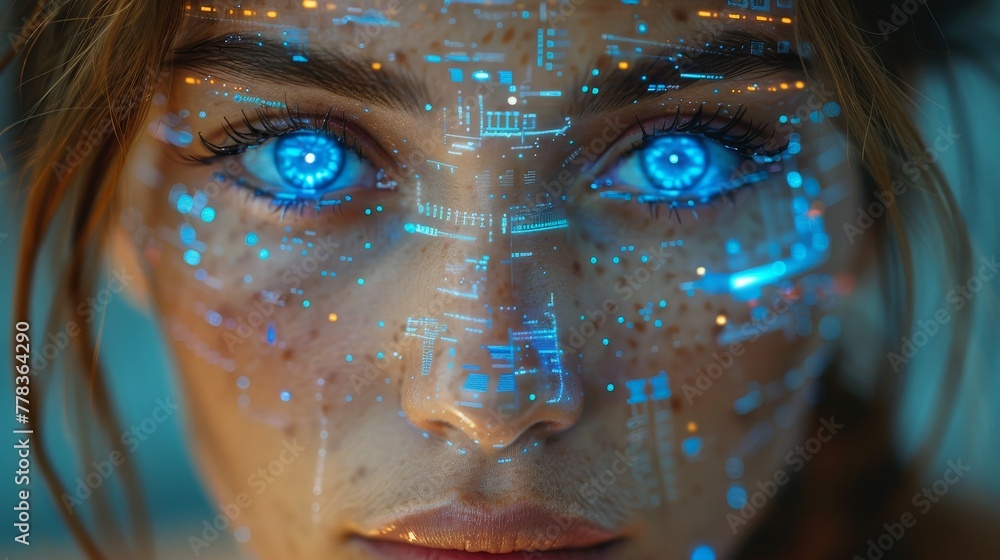 Poster In this image robot woman is working on the transparent computer touch screen with an artificial intelligence analyst and data on the display of the computer. Female cyborg using artificial neural