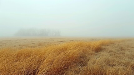   A foggy field with a lone tree in the distance and nearby trees on a misty day