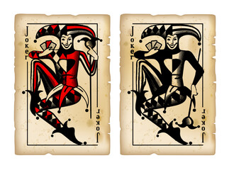 Two Joker playing cards in vintage engraving style in black, red and white colors on grunge old shabby yellowed paper background isolated on white. Vector 
illustration