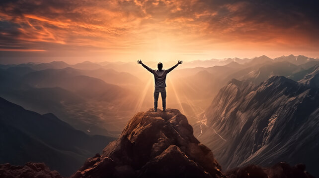 Person with raised arms standing on mountain peak at sunrise. Freedom and success concept for motivational poster and inspirational materials. Breathtaking landscape photography