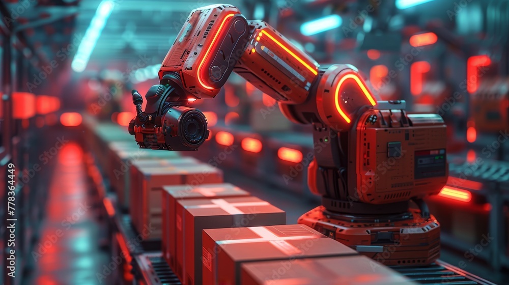 Poster Industry robot with AI on industrial factory. Robot arm works in smart warehouse. Robot arm places boxes on pallets. Industry robot with AI works on industrial factory. Technology business concept.