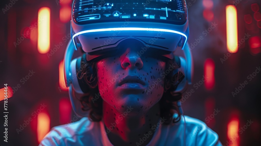Aufkleber An AR Virtual Reality controller of video games is held above the head by a virtual reality video game player in cyberspace of metaverse. You can imagine a gamer in cyberspace wearing glasses, a 3D