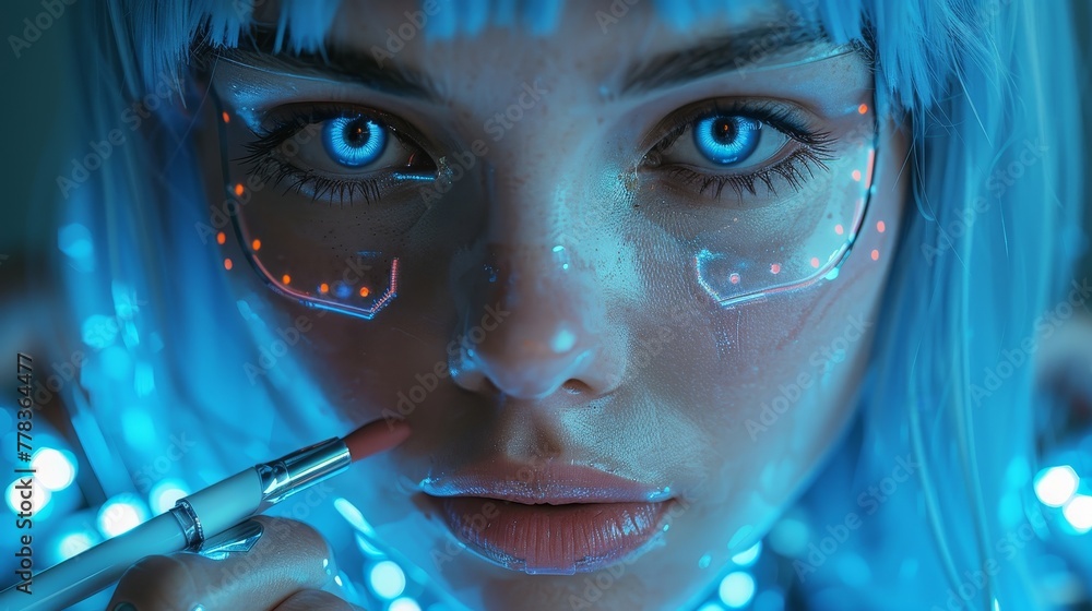 Leinwandbilder It's a beautiful robot woman with AI in wig doing makeup. A scary mechanical robot disguised as human with the help of 3D printer. The face of the robot is hidden underneath a mask.