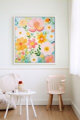 A colorful painting of flowers in a bright and cheerful interior space.