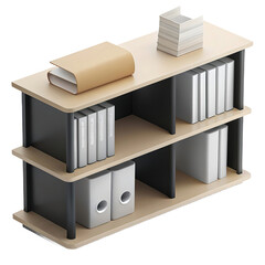 Black and beige shelves with folders on white or transparent background.Modern office design.3d render style. AI generated