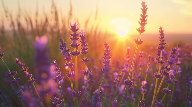 field with lavender at sunset