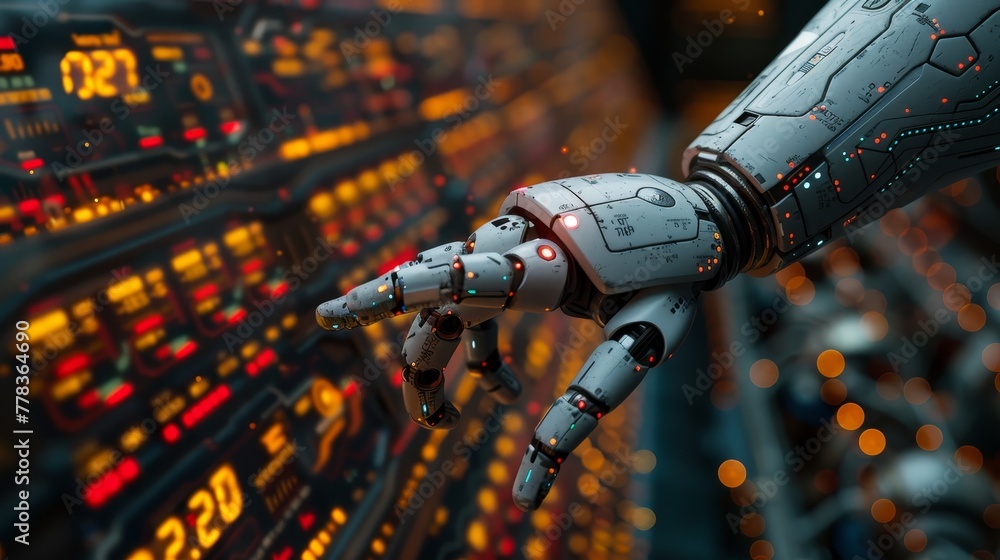 Poster Artificial intelligence trader. Intelligent robot pointing at candlestick graphs on screen phone. Robot trading. Artificial neural networks in online trading app.